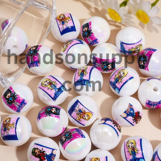 UV-Coated Gothic Style Fashion Doll Character Series Printed Round Acrylic Beads for Bracelets, 16MM, Random Mix