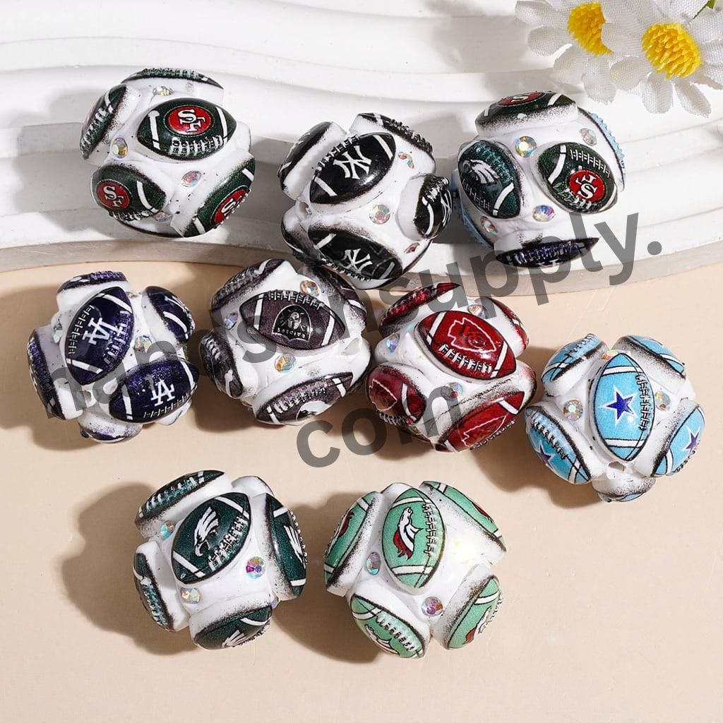Sporty American Football & Baseball Team Clay Beads with AB Rhinestone, 21MM, Multicolor, Random Mix