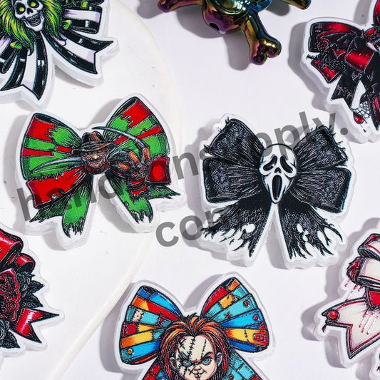 Halloween Horror Classic Horror Murder Character Series Bow-Shaped Printed Acrylic Beads, Assorted Designs, Multi-Color, Random Mix