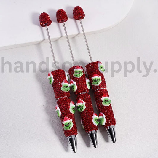 Green Monster with Christmas Santa Hat Red & Green Rhinestones Beadable Clay Pen