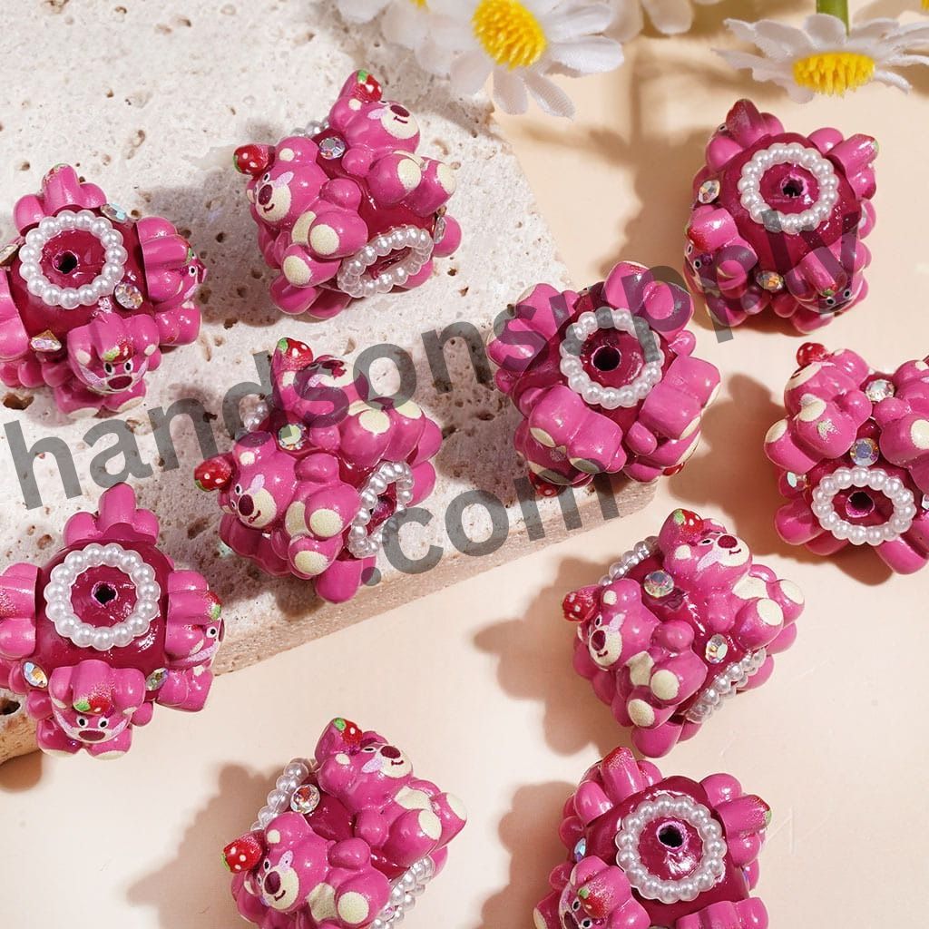Cute Pink Teddy Bear Cluster Acrylic Beads with White Pearl Chain & Clear Rhinestones 20MM