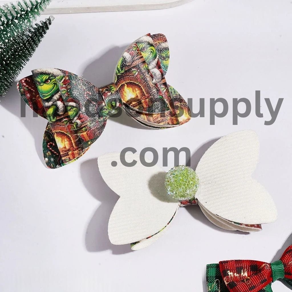 Festive Christmas Green Character Printed Three-Layer Fabric Bowtie with Sparkling Cone-Shaped AB Rhinestones, Clear Pearl Loop & Sugar Beads, Random Mix