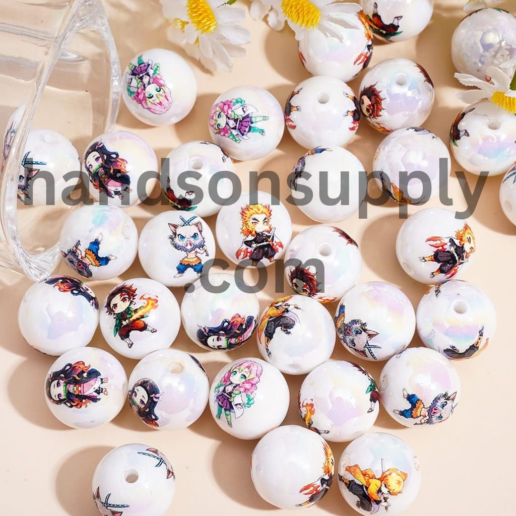 UV Coating Japanese Cosplay Style in Various Designs Cute Anime Character Printed Round Acrylic Beads for Bracelets, 16MM, Random Mix