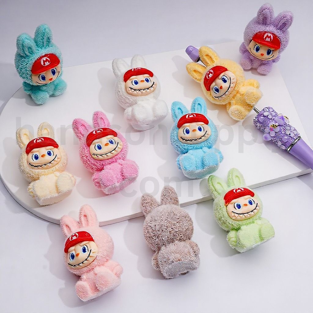Cute Pendants Pen Topper Flocked Labub with Supe Mari Cap Acrylic Beads, 50*29MM, Random Mix