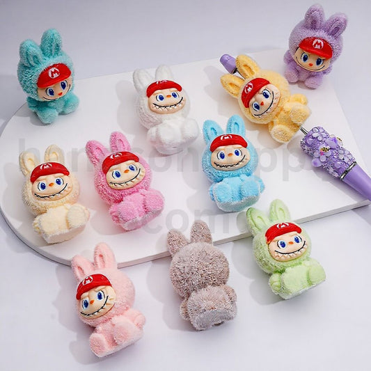 Cute Pendants Pen Topper Flocked Labub with Supe Mari Cap Acrylic Beads, 50*29MM, Random Mix