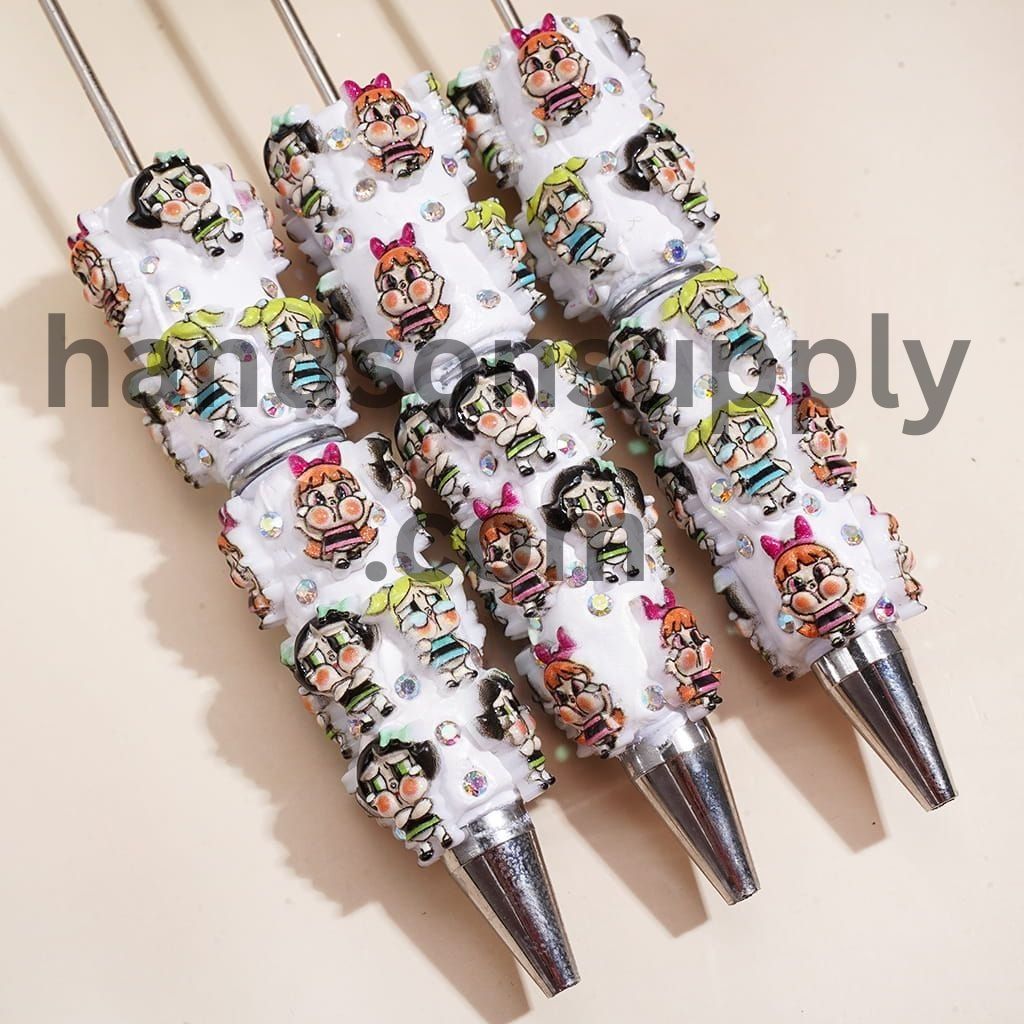 Cute Teary Baby Girl Character Print with AB Rhinestone Studded Detail and White Base Beadable Clay Pens