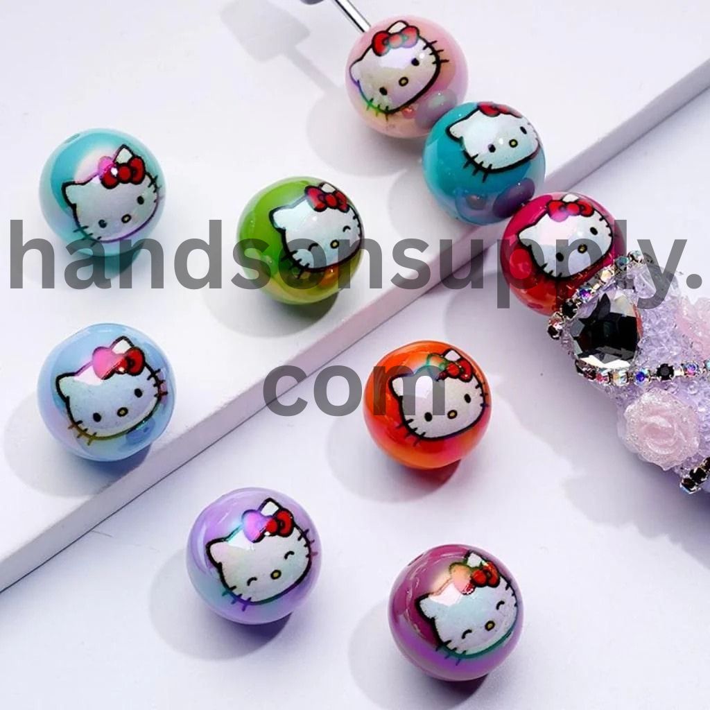 Colorful Round UV Coating Cute cat Adorable Character Acrylic Beads, 16MM, Random Mix