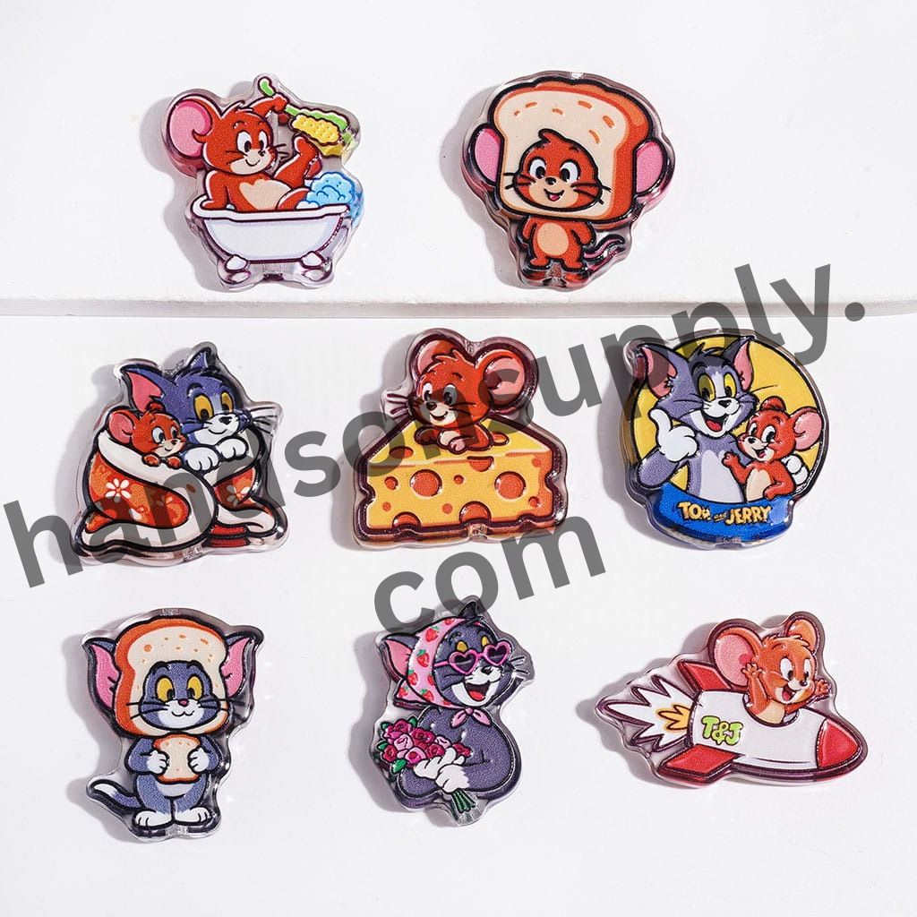 Playful Cat and Mouse Character Adventures with Entertainment & Food Designs Semi-Clear Acrylic Beads, Random Mix