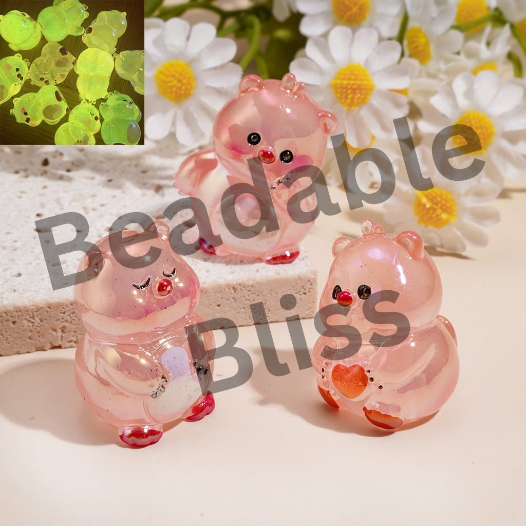 Luminous UV Coating Pink Beaver Acrylic Beads, Assorted Poses, Transparent Pink Finish, Random Mix