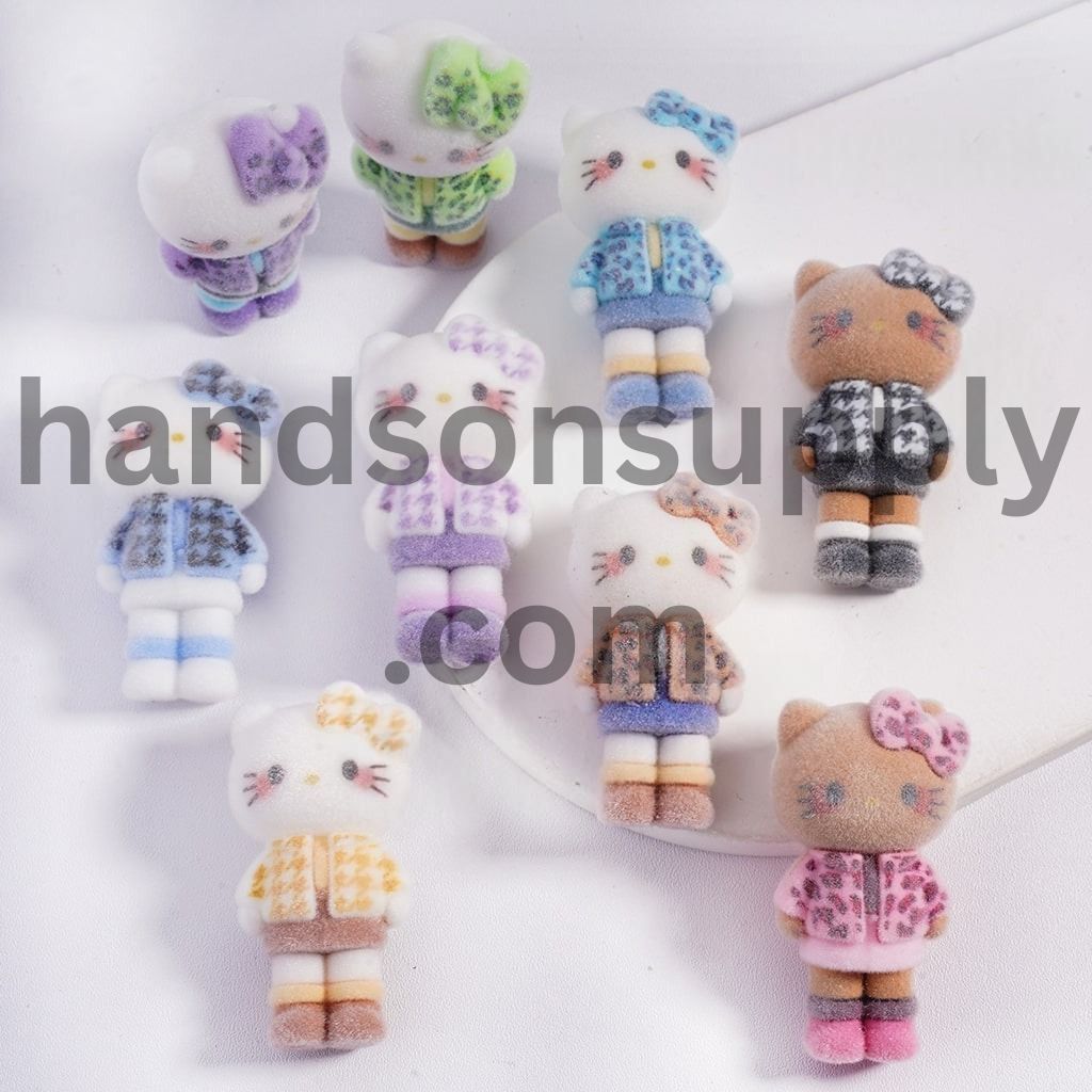 Flocked Fluffy, Multi-Color, Cute Cat Character Figure with Clothes, can be also used as Acrylic Beads or Pen Topper, Height 51MM, Random Mix