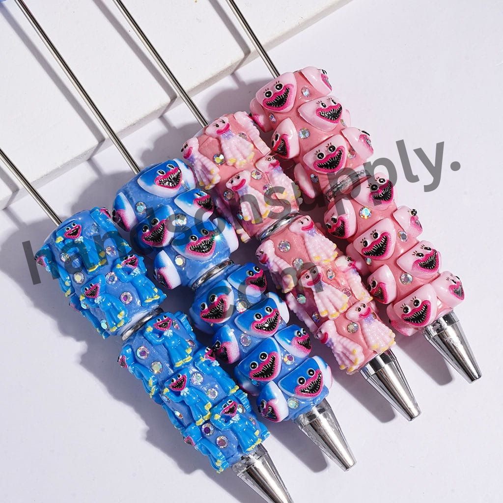 Cute Pink & Blue Monster Villain Doll Adorable Character Big Mouth & AB Rhinestones Beadable Clay Pens