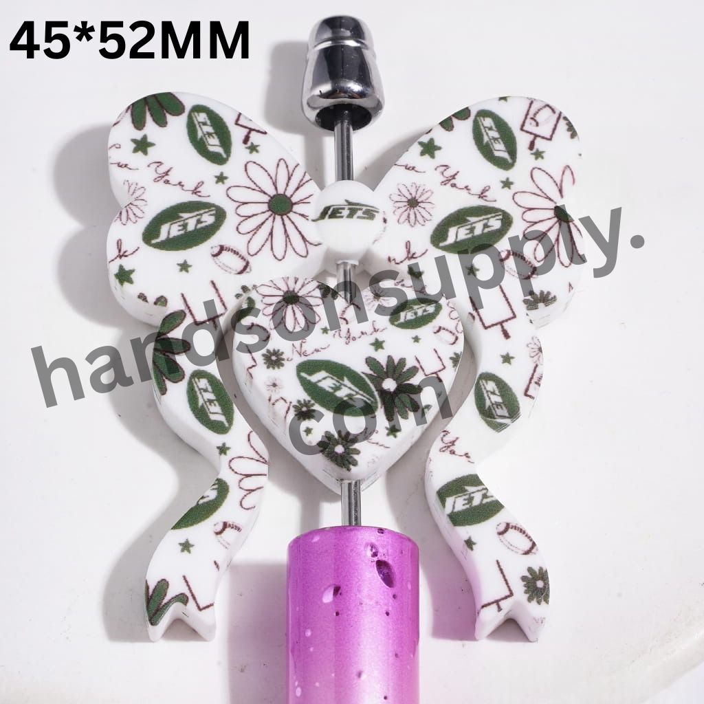 NY Jets Football Team Collection with Flower Pattern Heart & Bowtie-Shaped Silicone Focal Beads, 45*52MM