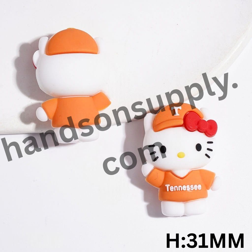 3D Orange Cat Character in Tennessee Football Cap with Red Bowtie Silicone Focal Bead, Height 31MM