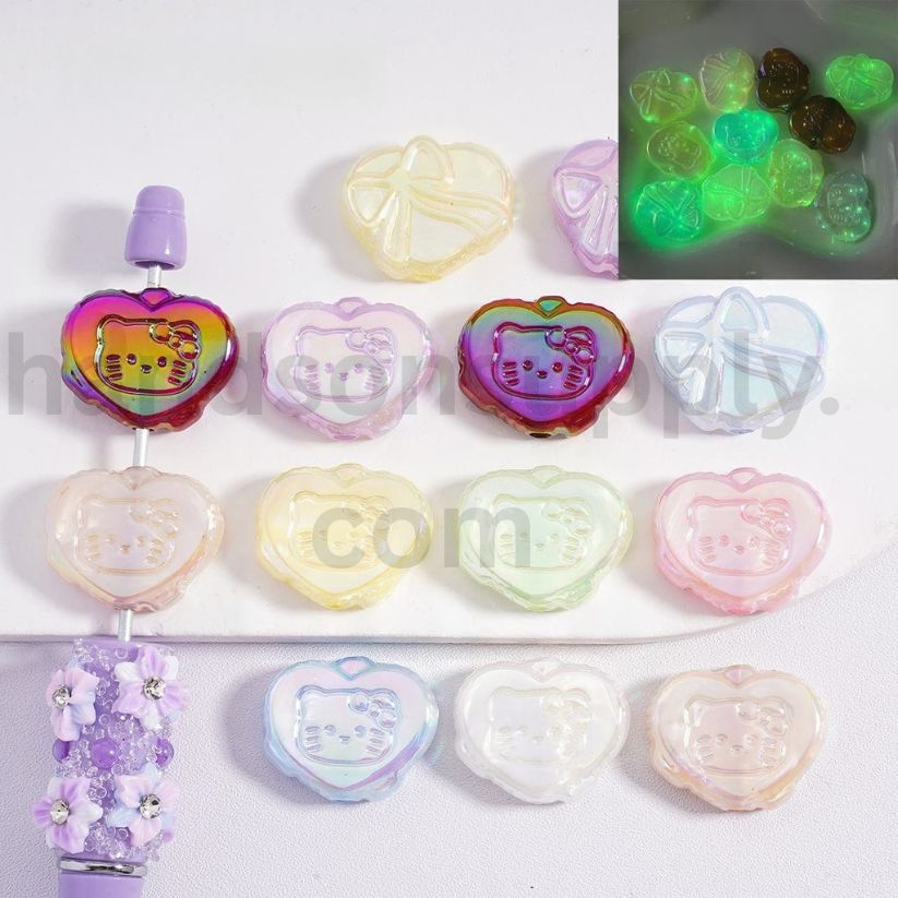 UV Coating Luminous Cute Heart with Cute Cat Character Multi-Color Bowknot Prints Acrylic Beads 18*23MM (Single Color is available for 200pcs(Whole Bag) Only)