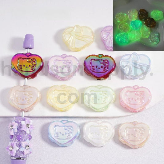 UV Coating Luminous Cute Heart with Cute Cat Character Multi-Color Bowknot Prints Acrylic Beads 18*23MM (Single Color is available for 200pcs(Whole Bag) Only)