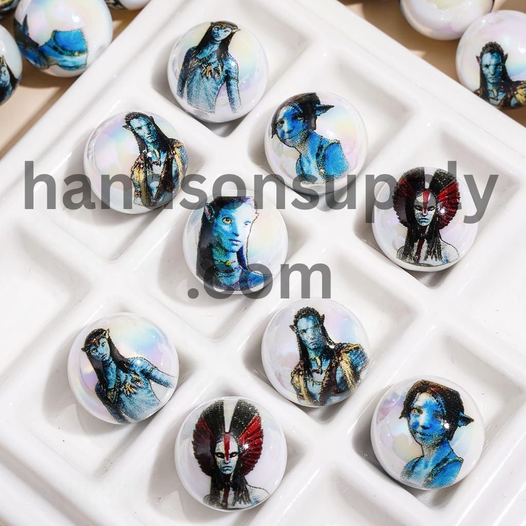 Blue Character Series UV Coated Printed Round Acrylic Beads for Bracelets, 16MM Random Mix