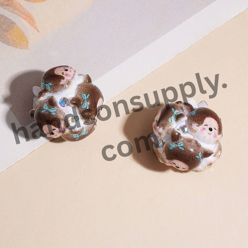 Cute Baby Girl Doll Monkey Character Teal Bowtie and AB Rhinestones Acrylic Beads, 19MM