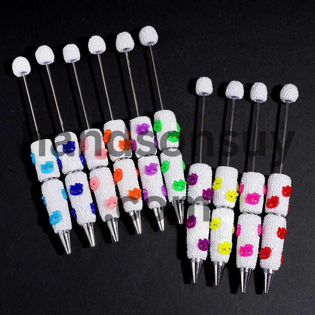 Cute Cat Character Face Beadable Clay Pen Neon Colors, White Background, Various Colors Random Mix
