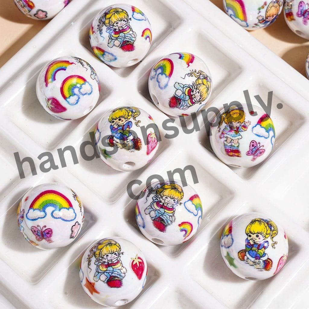 UV-Coated Rainbow Girl Character Print Acrylic Beads for Bracelets, 16MM, Random Mix