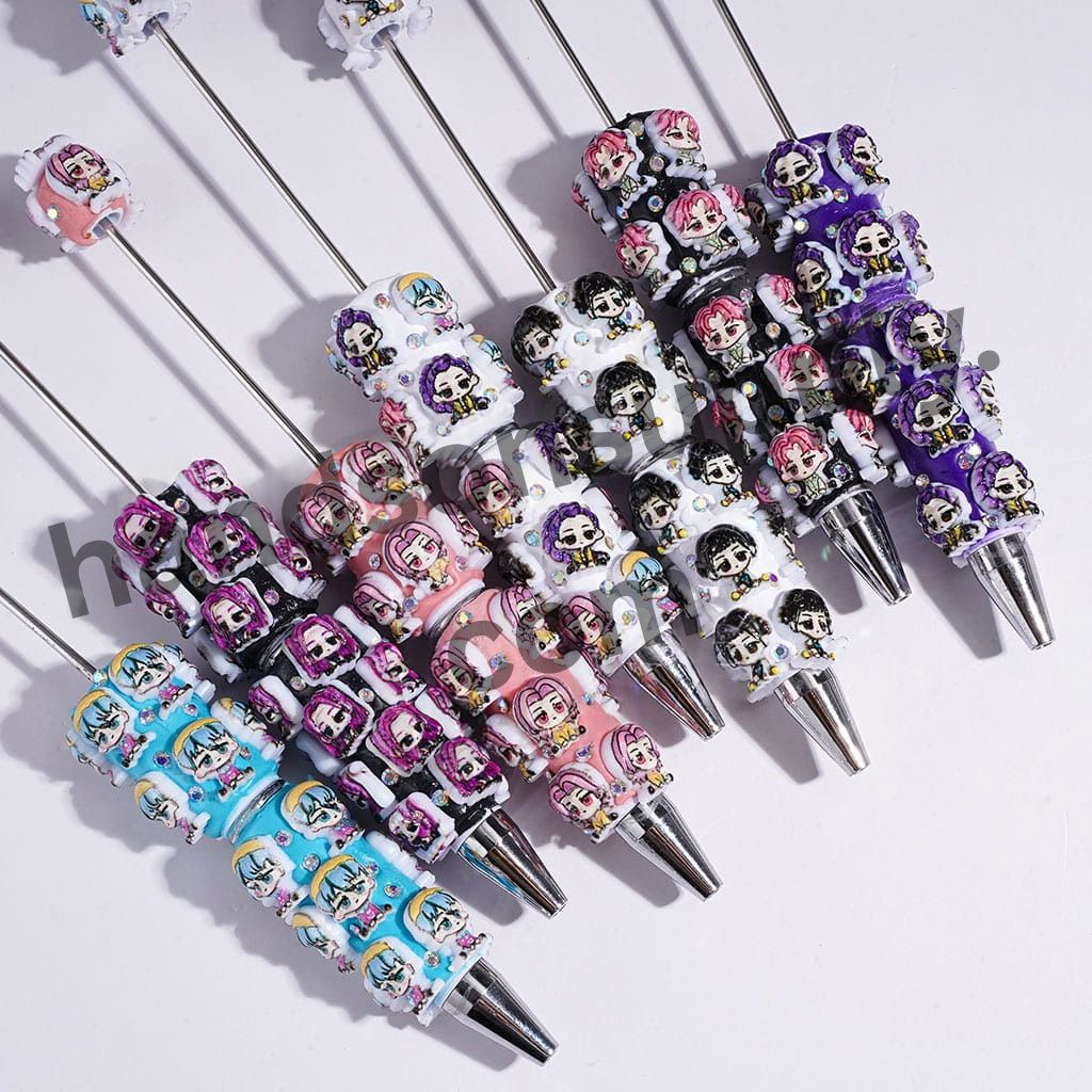 Cute Chibi Anime Girl & Boy Band Character Diverse Hair Colors, AB Rhinestones Beadable Pens, Multi Colors Random Mix