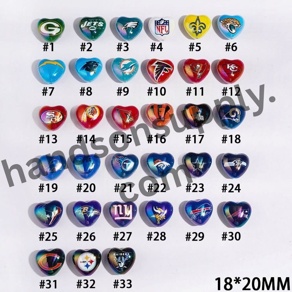 UV-Coated Heart-Shaped American Football Team Logo Series Acrylic Beads, 18*20MM