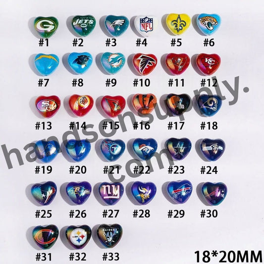 UV-Coated Heart-Shaped American Football Team Logo Series Acrylic Beads, 18*20MM