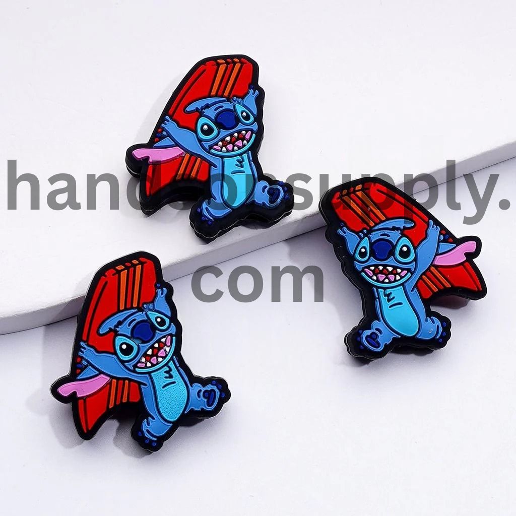 Ohana Beastie Holds a Red Surfboard Blue Cute Silicone Focal Beads