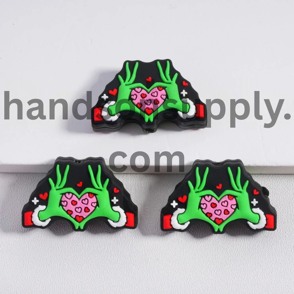 Christmas Green Character Hands Hold a Pink Heart Silicone Focal Beads