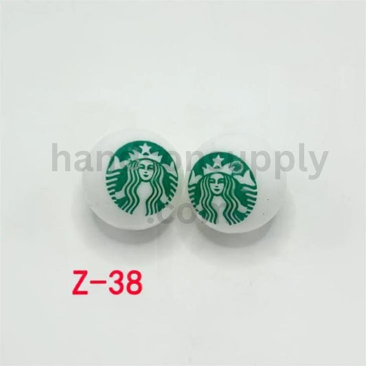 Starbacks Girl Plain Coffee Round Printed Silicone Beads 15mm, Number Z-38