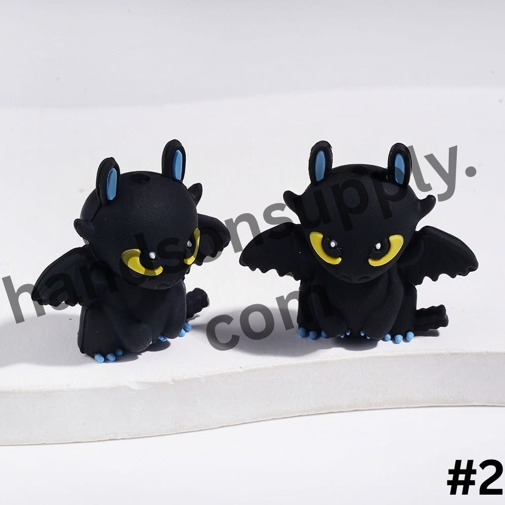 3D Spooky Black Little Dragon with Yellow Eye, Blue & White Paw Silicone Focal Beads