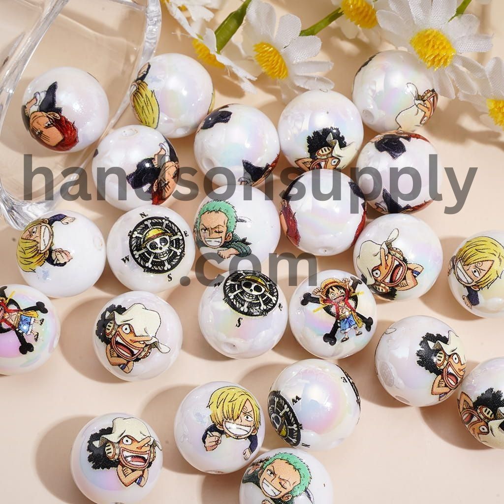 Anime Pirate Crew Cartoon Character Series Glossy UV Coated Printed Round Acrylic Beads for Bracelets, 16MM, Random Mix