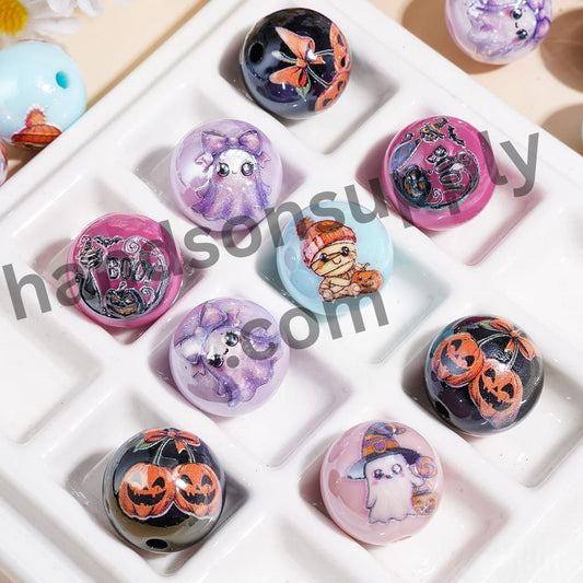 Cute Ghost Pumpkin Bat Designs Halloween Theme Printed Glossy Round Acrylic Beads for Bracelets, 16MM Random Mix