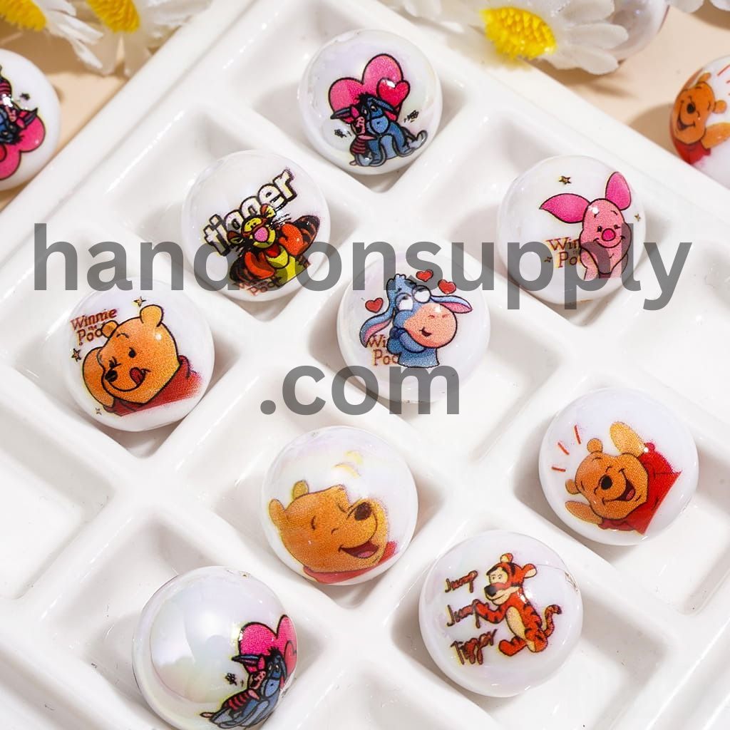 UV Coated Adorable Bear, Tiger, Donkey and Pig Character Series Printed Round Acrylic Beads, 16MM, Random Mix