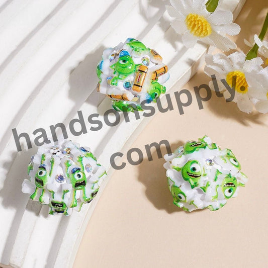 Cute Green One-Eyed Monster Character Clay Beads with AB Rhinestones, 18MM, Assorted Designs, Random Mix