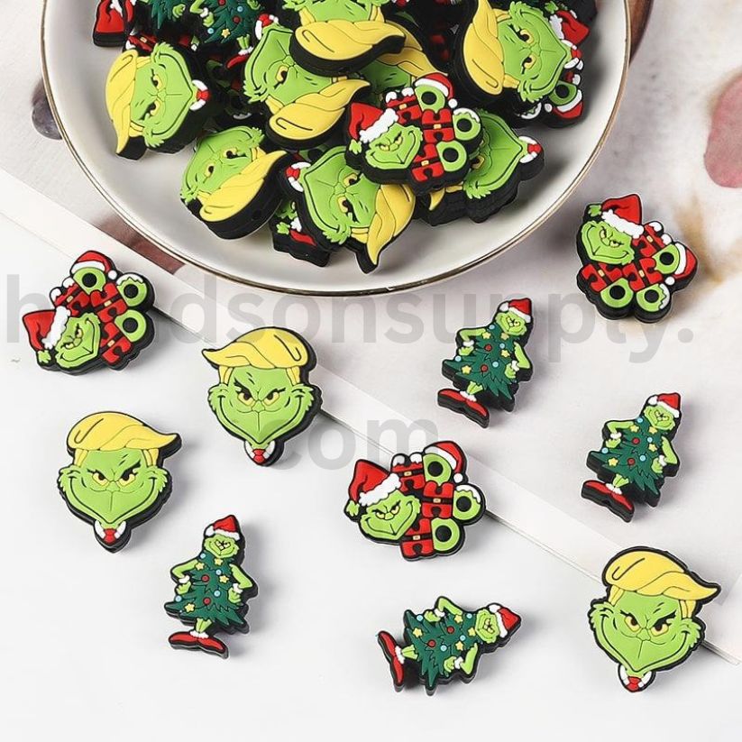 Grinchmas Mischief Green Monster with Santa Christmas Hat Silicone Focal Beads