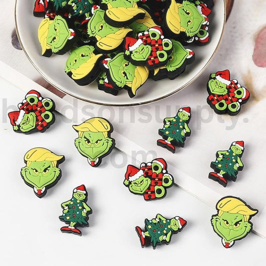 Grinchmas Mischief Green Monster with Santa Christmas Hat Silicone Focal Beads