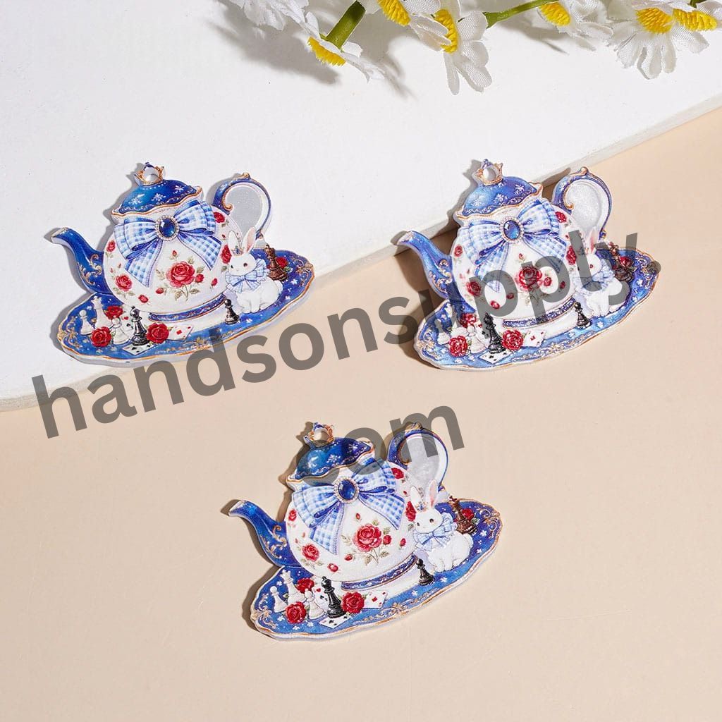 Vintage Floral Teapot Acrylic Pendant with Poker Rabbit, Blue Bow, Chess Pieces & Red Rose Design, 47*38MM