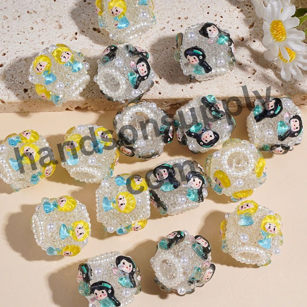 Princess Character Handmade Acrylic Sugar Beads with Pearl Chain & Glitter Texture, 20MM, Multi-Color Random Mix