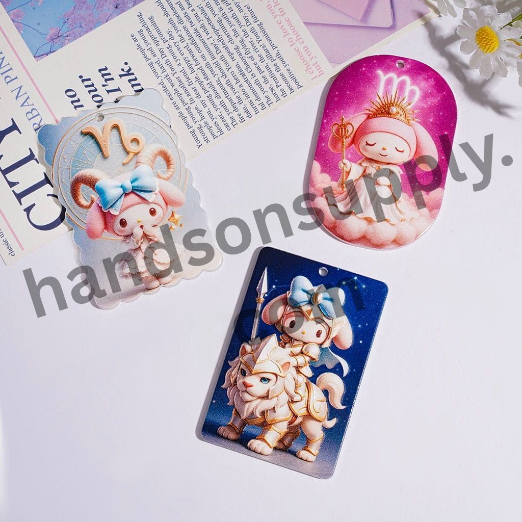 Cute Zodiac Constellation Bunny & Fantasy Animal Character, Assorted Designs, Flat Rectangle Shape Acrylic Pendants, Random Mix