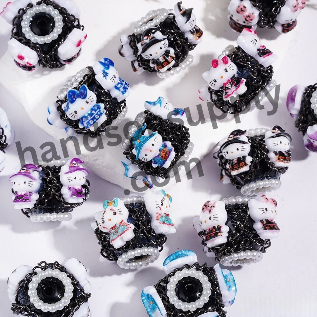 Hand-Made Acrylic Beads Halloween Cute Cat Character Series, w White Pearl & Gun Black Chains, 20MM Multi Colors