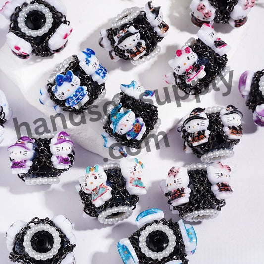 Hand-Made Acrylic Beads Halloween Cute Cat Character Series, w White Pearl & Gun Black Chains, 20MM Multi Colors