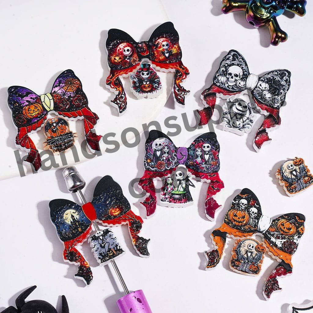 Horror Skull & Pumpkin Bow and Ornament Halloween Theme Acrylic Beads (Please Read Description)