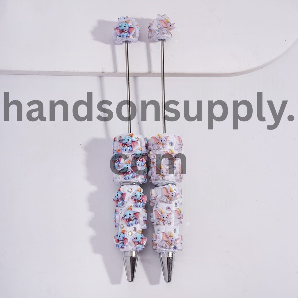 Flying Elephant Character Design, AB Rhinestones in Blue & Grey Color Beadable Clay Pens