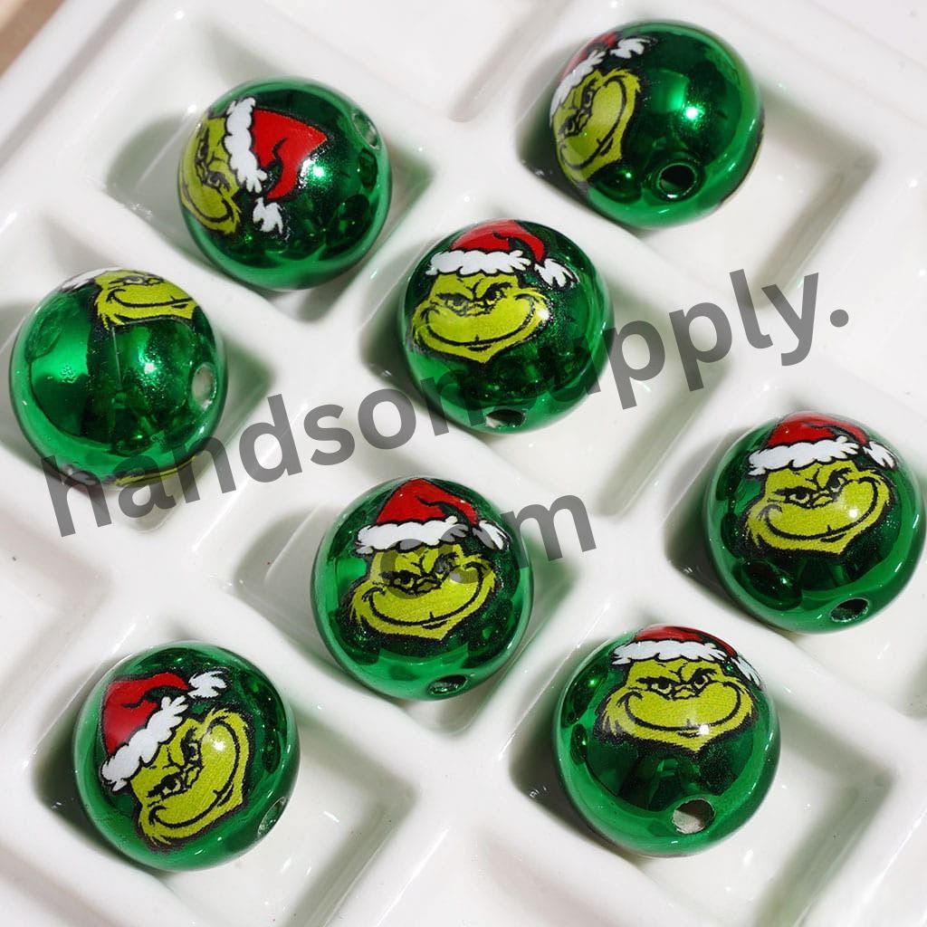 Metallic Green Character with Christmas Hat, Acrylic Beads for Bracelets, 16MM, Multi-Color, Random Mix