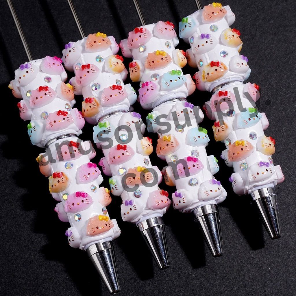 Cute Cat Character Dumpling Shape Beadable Clay Pens with Bowtie and AB Rhinestones, Multi-Color
