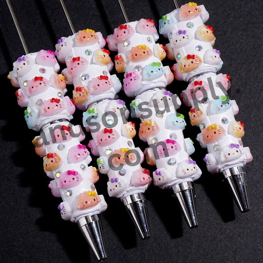 Cute Cat Character Dumpling Shape Beadable Clay Pens with Bowtie and AB Rhinestones, Multi-Color