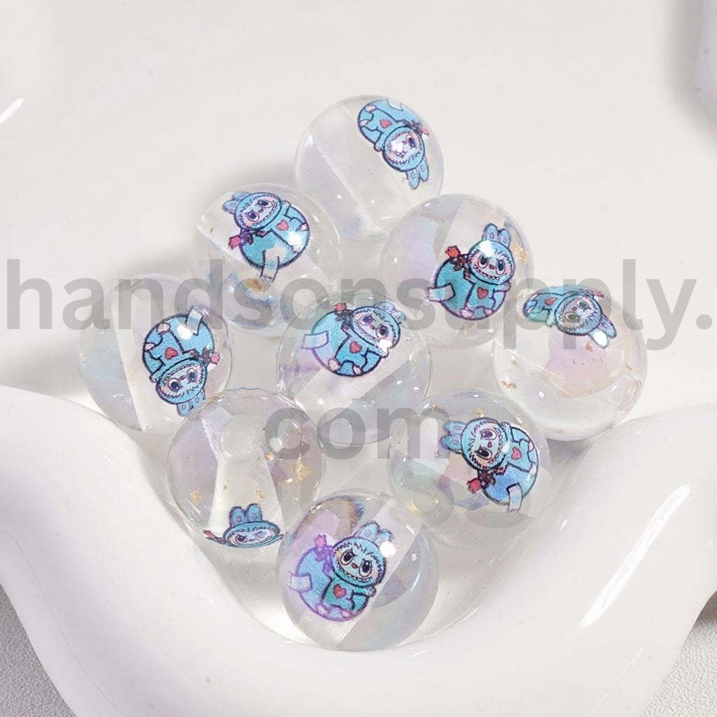 Cartoon Monster in Blue Pink with Gold-Silver Foil Clear Round Acrylic Beads 16mm
