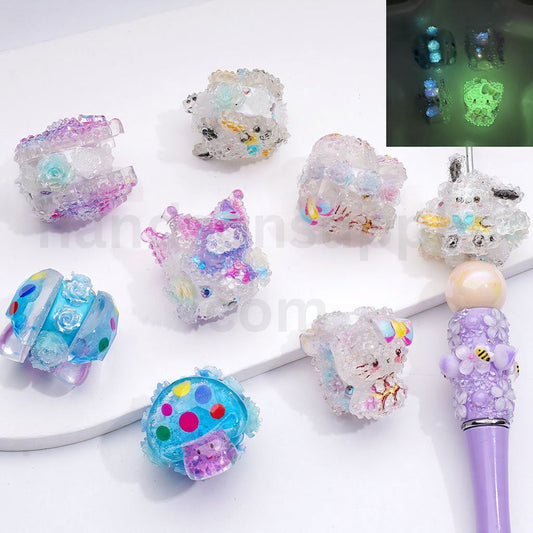Cute Luminous Characters with Mushrooms & Sparkling Flowers  Kuromi, Kitty, Pochacco AB Rhinestones  Clay Beads