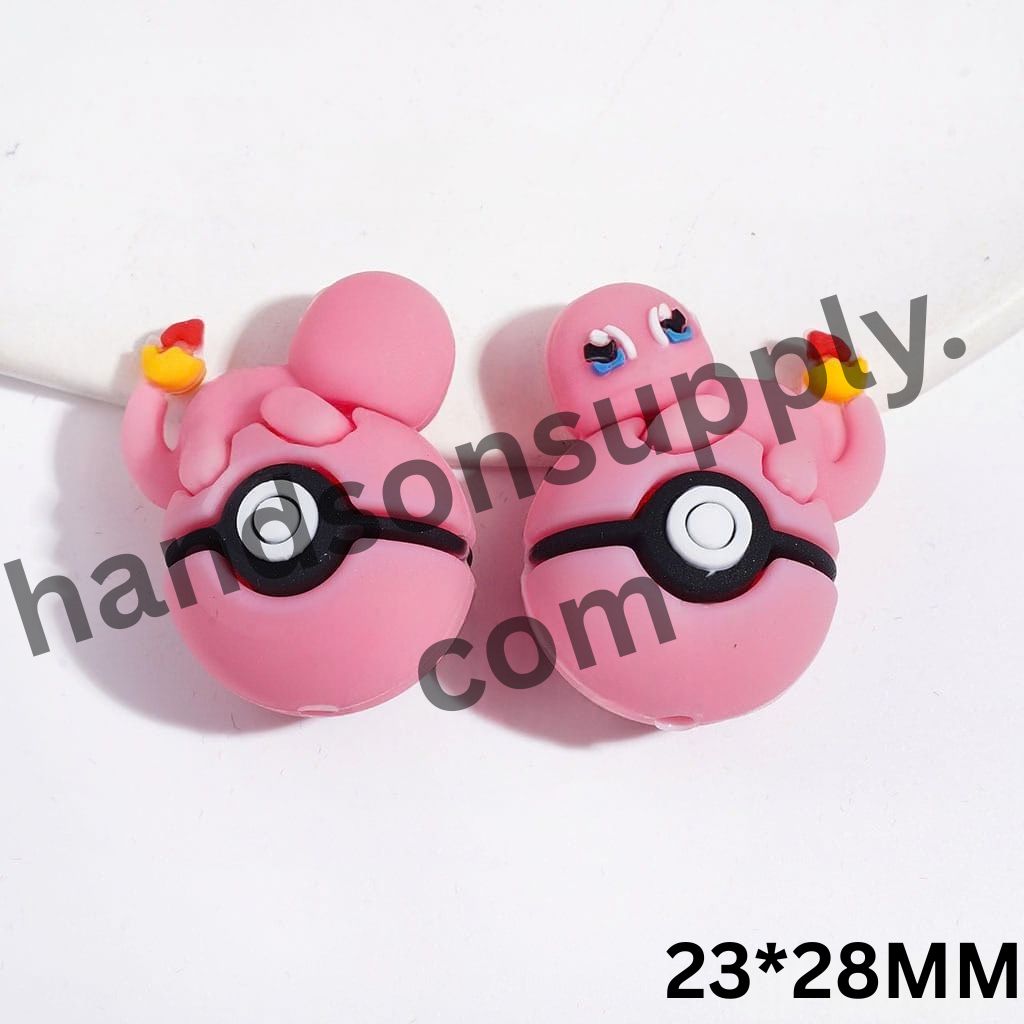 3D Cute Pink Charmander Lizard Character Resting on Magic Ball Silicone Focal Beads, 23*28MM, Pink