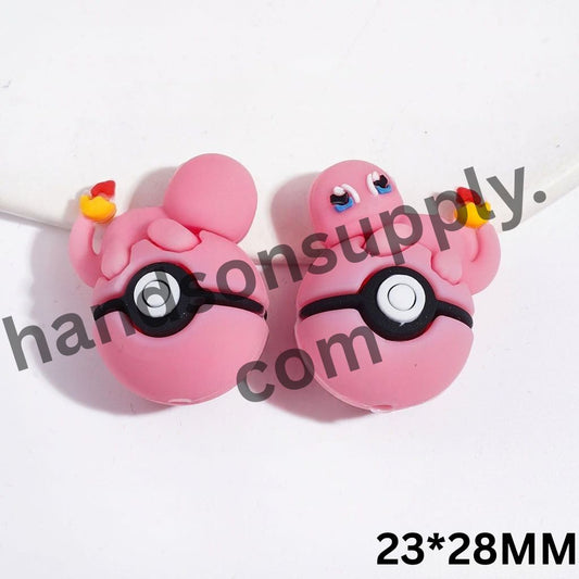 3D Cute Pink Charmander Lizard Character Resting on Magic Ball Silicone Focal Beads, 23*28MM, Pink